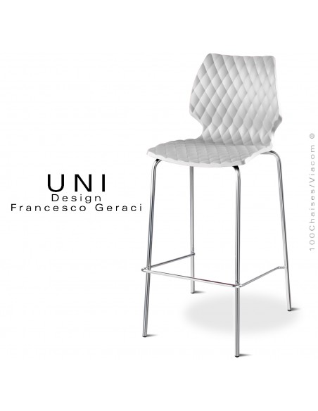 Tabouret de bar design UNI, piétement acier chromé brillant, assise coque plastique effet matelassé couleur blanc.