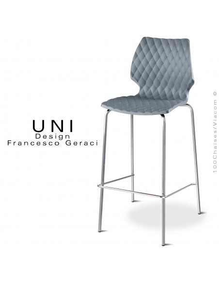 Tabouret de bar design UNI, piétement acier chromé brillant, assise coque plastique effet matelassé couleur gris petit gris.