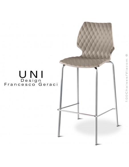 Tabouret de bar design UNI, piétement acier chromé brillant, assise coque plastique effet matelassé couleur gris tourterelle.