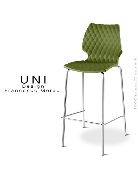 Tabouret de bar design UNI, piétement acier chromé brillant, assise coque plastique effet matelassé couleur vert olive.