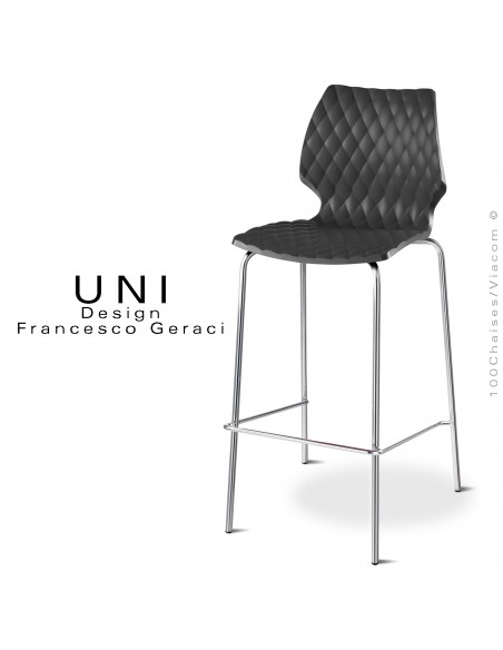 Tabouret de bar design UNI, piétement acier chromé brillant, assise coque plastique effet matelassé couleur noir.
