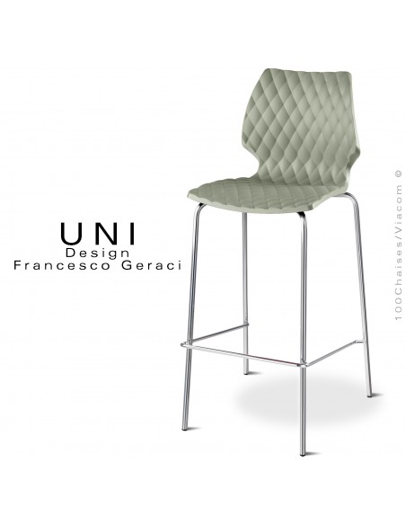 Tabouret de bar design UNI, piétement acier chromé brillant, assise coque plastique effet matelassé couleur vert pistache.