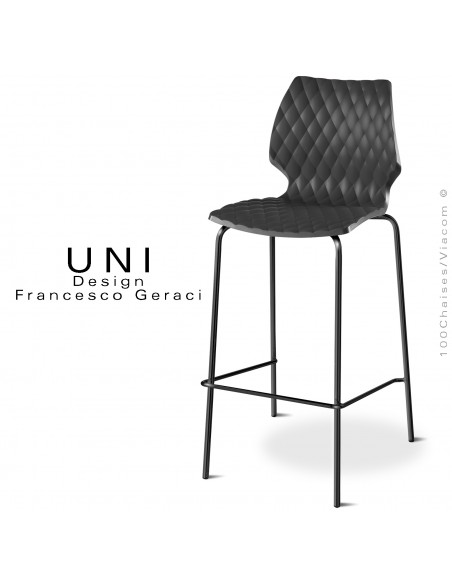 Tabouret de bar design UNI, piétement acier peint noir, assise coque plastique effet matelassé couleur noir.