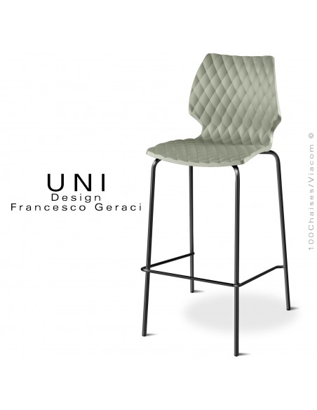 Tabouret de bar design UNI, piétement acier peint noir, assise coque plastique effet matelassé couleur vert pistache.