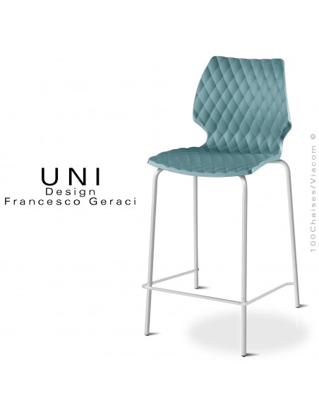 Tabouret de cuisine ou ilot central UNI, piétement acier peint blanc, assise effet matelassé, couleur bleu poudre.