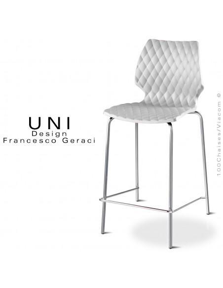 Tabouret de cuisine ou ilot central UNI, piétement acier chromé brillant, assise effet matelassé, couleur blanc.