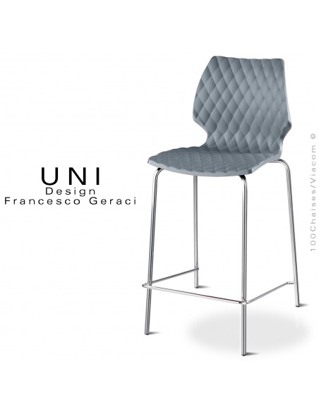 Tabouret de cuisine ou ilot central UNI, piétement acier chromé brillant, assise effet matelassé, couleur gris petit gris.