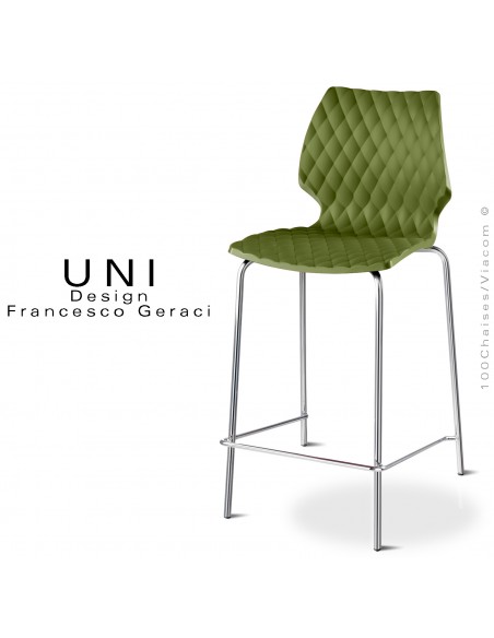 Tabouret de cuisine ou ilot central UNI, piétement acier chromé brillant, assise effet matelassé, couleur vert olive.