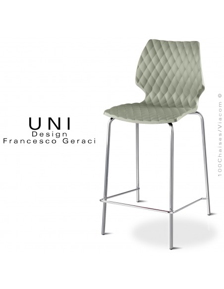 Tabouret de cuisine ou ilot central UNI, piétement acier chromé brillant, assise effet matelassé, couleur vert pistache.