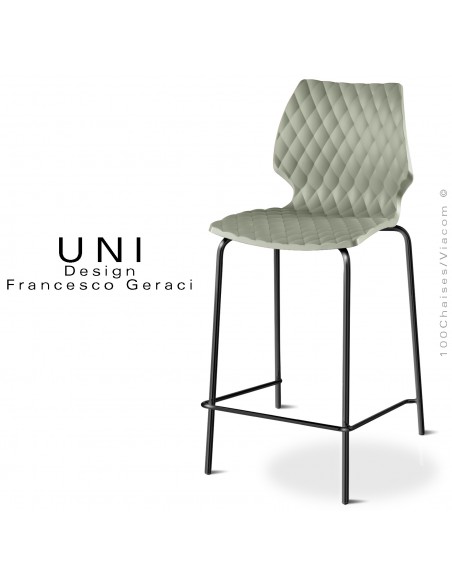 Tabouret de cuisine ou ilot central UNI, piétement acier peint noir, assise effet matelassé, couleur vert pistache.