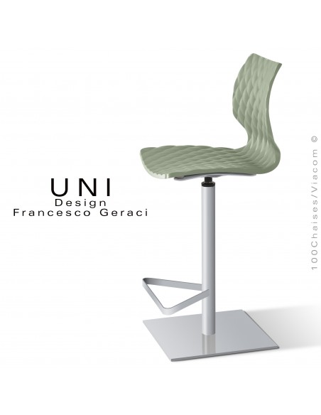 Tabouret colonne centrale UNI, pivotant, assise couleur vert pistache, piétement peint gris-aluminium.