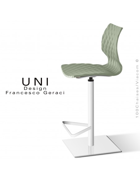 Tabouret colonne centrale UNI, pivotant, assise couleur vert pistache, piétement peint blanc.