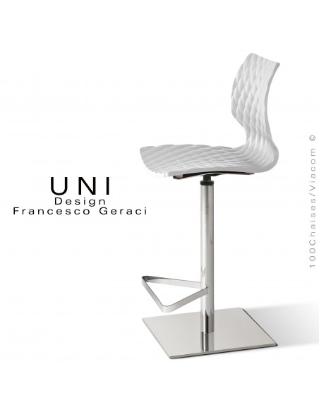 Tabouret colonne centrale UNI, pivotant, assise couleur blanche, piétement chromé brillant.