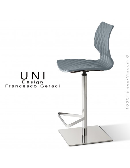 Tabouret colonne centrale UNI, pivotant, assise couleur gris petit gris, piétement chromé brillant.