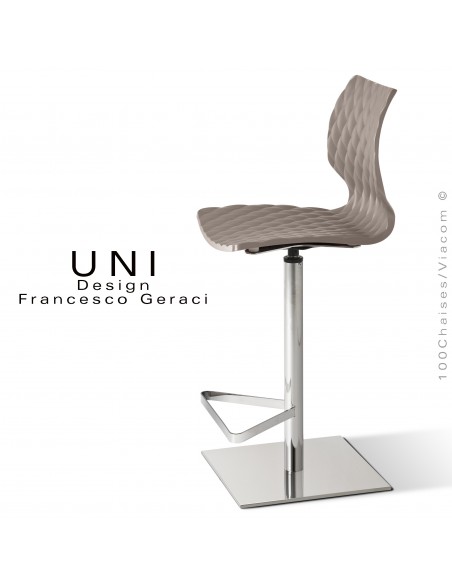 Tabouret colonne centrale UNI, pivotant, assise couleur gris tourterelle, piétement chromé brillant.