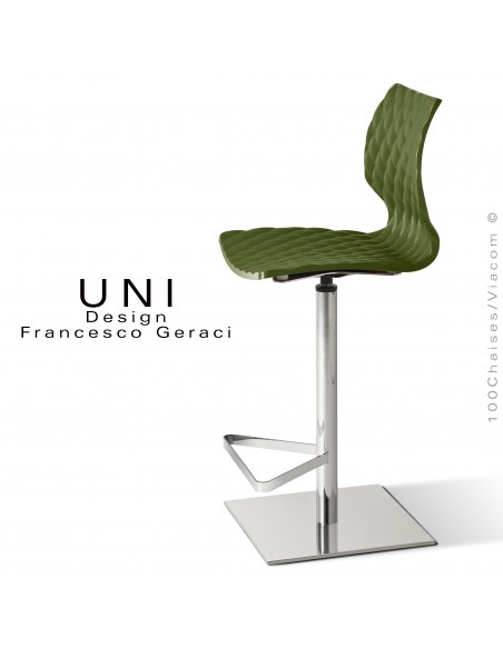 Tabouret colonne centrale UNI, pivotant, assise couleur vert olive, piétement chromé brillant.