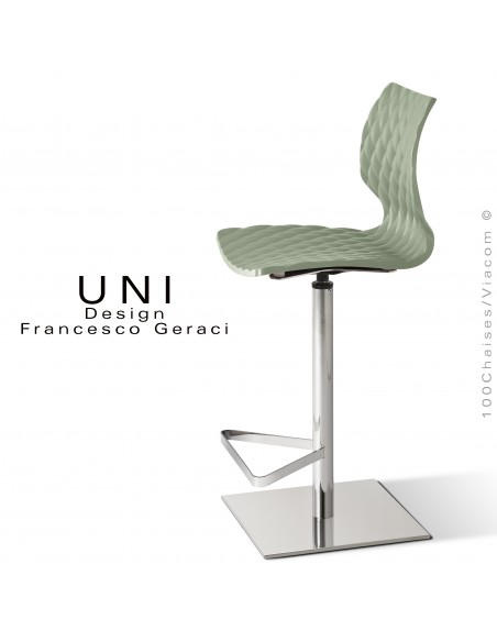 Tabouret colonne centrale UNI, pivotant, assise couleur vert pistache, piétement chromé brillant.