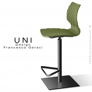 Tabouret colonne centrale UNI, pivotant, assise couleur vert olive, piétement peint noir.