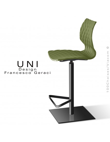 Tabouret colonne centrale UNI, pivotant, assise couleur vert olive, piétement peint noir.
