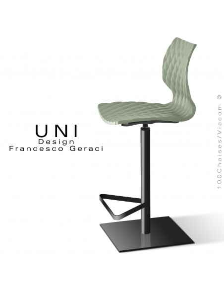 Tabouret colonne centrale UNI, pivotant, assise couleur vert pistache, piétement peint noir.