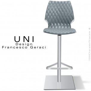 Tabouret de bar UNI, colonne centrale sur platine de sol carré peint gris aluminium, assise coque couleur gris petit gris.