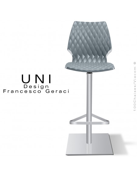 Tabouret de bar UNI, colonne centrale sur platine de sol carré peint gris aluminium, assise coque couleur gris petit gris.