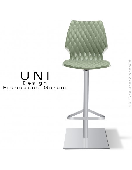 Tabouret de bar UNI, colonne centrale sur platine de sol carré peint gris aluminium, assise coque couleur vert pistache.