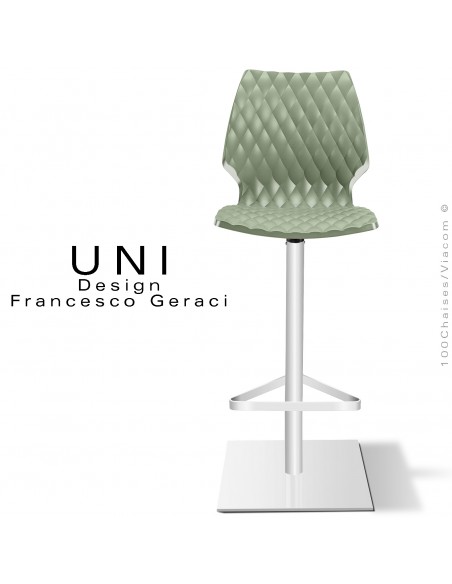 Tabouret de bar UNI, colonne centrale sur platine de sol carré peint blanc, assise coque couleur vert pistache.