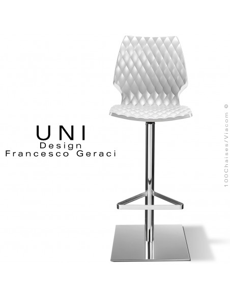 Tabouret de bar UNI, colonne centrale sur platine de sol carré chromé brillant, assise coque couleur blanche.