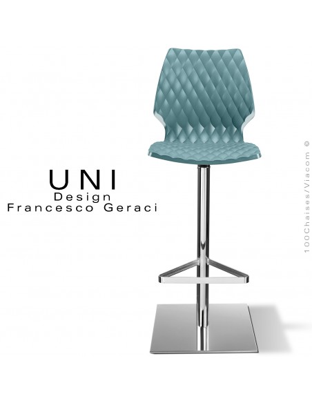 Tabouret de bar UNI, colonne centrale sur platine de sol carré chromé brillant, assise coque couleur bleu poudre.