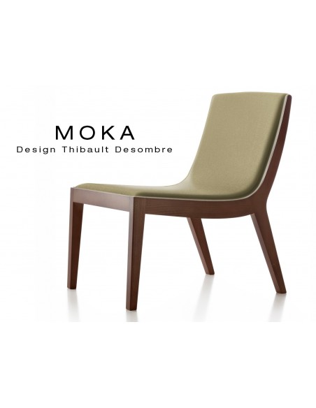Fauteuil lounge design MOKA en bois finition acajou, assise capitonnée tissu chanvre.