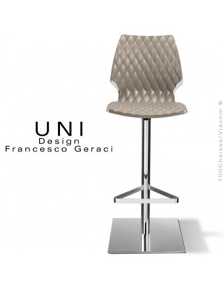 Tabouret de bar UNI, colonne centrale sur platine de sol carré chromé brillant, assise coque couleur gris tourterelle.