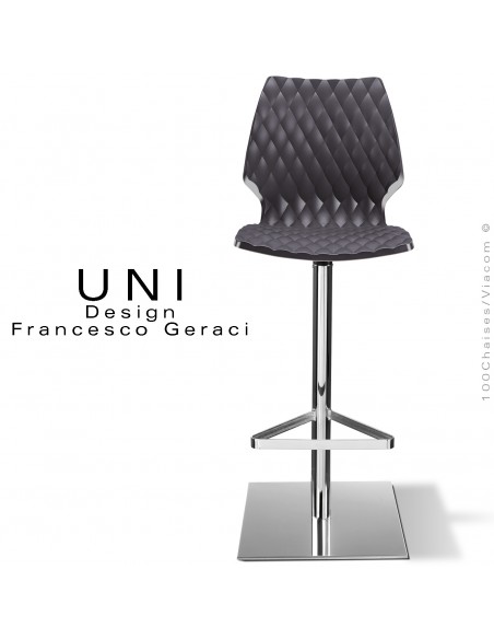 Tabouret de bar UNI, colonne centrale sur platine de sol carré chromé brillant, assise coque couleur noir.