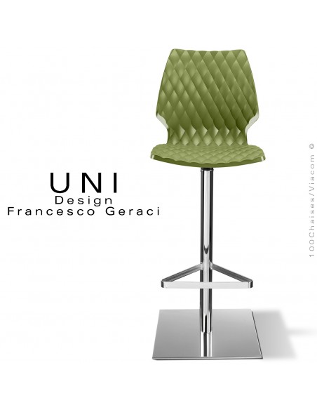 Tabouret de bar UNI, colonne centrale sur platine de sol carré chromé brillant, assise coque couleur vert olive.