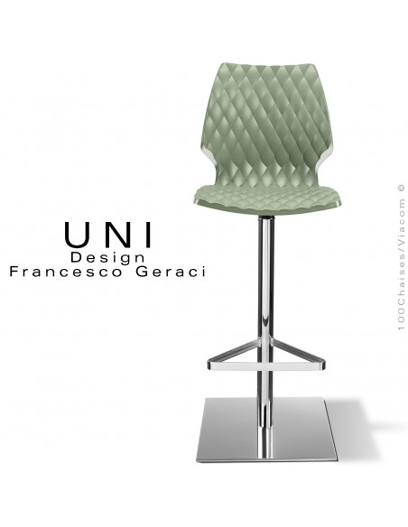 Tabouret de bar UNI, colonne centrale sur platine de sol carré chromé brillant, assise coque couleur vert pistache.
