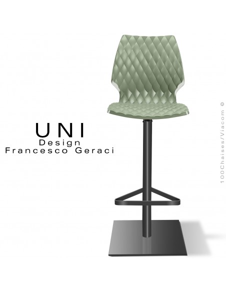Tabouret de bar UNI, colonne centrale sur platine de sol carré peint noir, assise coque couleur vert pistache.
