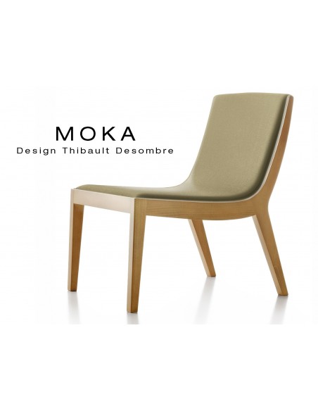 Fauteuil lounge design MOKA en bois finition hêtre naturel, assise capitonnée tissu chanvre.