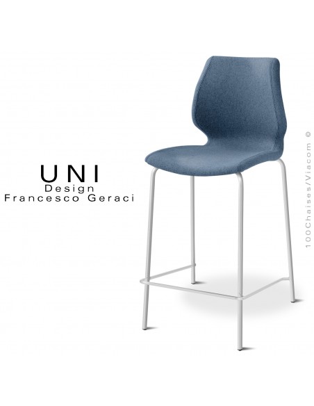 Tabouret confort de cuisine IBIS, piétement peint blanc, assise et dossier habillage tissu Medley couleur bleu foncé.