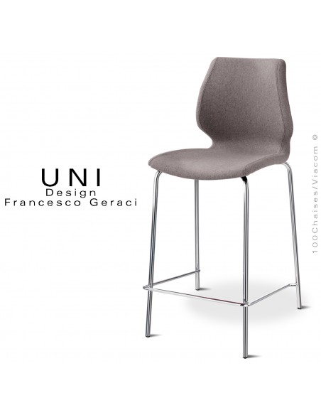 Tabouret confort de cuisine design IBIS, piétement chromé brillant, assise et dossier habillage tissu Medley couleur gris.