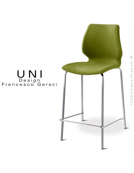 Tabouret confort de cuisine design IBIS, piétement chromé brillant, assise et dossier habillage tissu Medley couleur kaki.