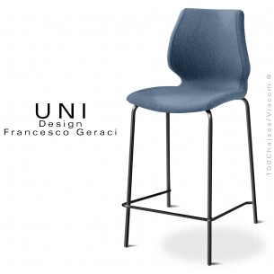 Tabouret confort de cuisine design IBIS, piétement peint noir, assise et dossier habillage tissu Medley couleur bleu Marine.