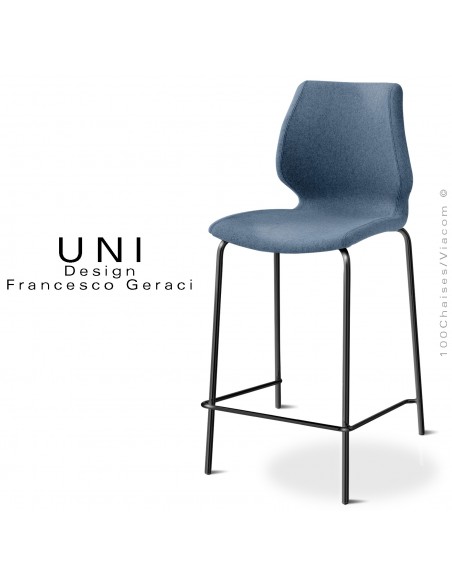 Tabouret confort de cuisine design IBIS, piétement peint noir, assise et dossier habillage tissu Medley couleur bleu Marine.