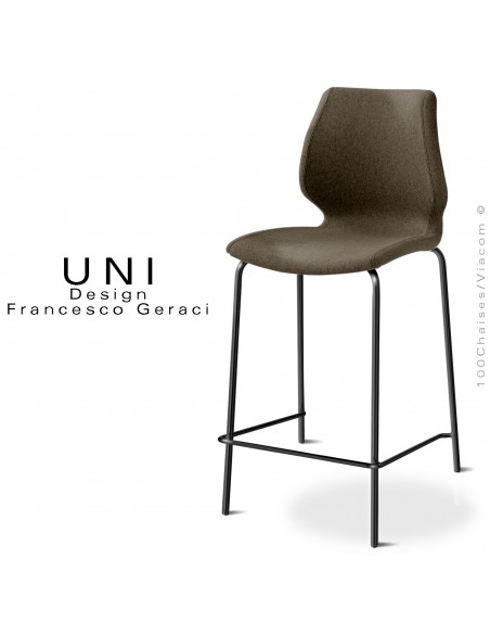 Tabouret confort de cuisine design IBIS, piétement peint noir, assise et dossier habillage tissu Medley couleur marron.