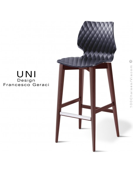 Tabouret de bar en bois UNI, piétement teinté brun, assise coque plastique couleur anthracite.