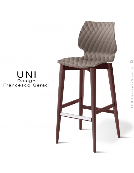 Tabouret de bar en bois UNI, piétement teinté brun, assise coque plastique couleur argile.