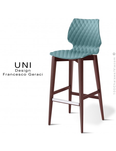 Tabouret de bar en bois UNI, piétement teinté brun, assise coque plastique couleur bleu poudre.