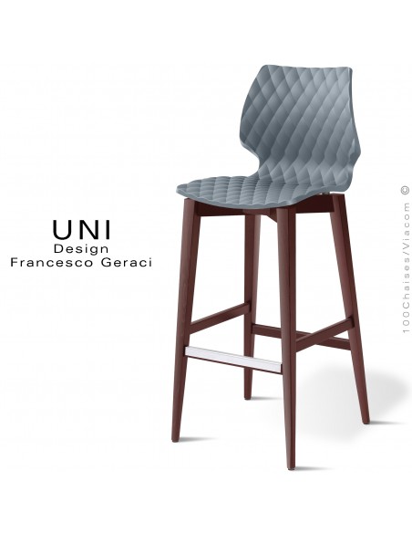 Tabouret de bar en bois UNI, piétement teinté brun, assise coque plastique couleur gris petit gris.