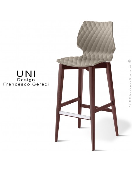 Tabouret de bar en bois UNI, piétement teinté brun, assise coque plastique couleur gris tourterelle.