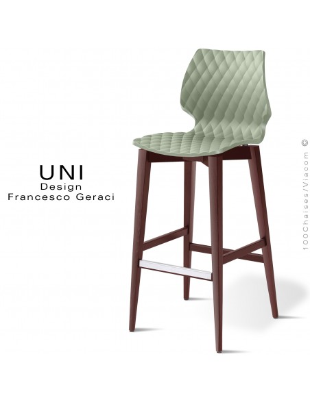 Tabouret de bar en bois UNI, piétement teinté brun, assise coque plastique couleur vert pistache.