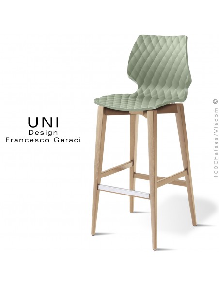 Tabouret de bar en bois UNI, piétement teinté Châtaignier, assise coque plastique couleur vert pistache.